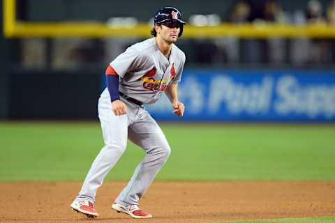 Sep 28, 2014; Phoenix, AZ, USA; St. Louis Cardinals shortstop Pete Kozma (38) leads off of second base in the sixth inning against the Arizona Diamondbacks at Chase Field. Mandatory Credit: Joe Camporeale-USA TODAY Sports