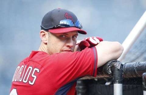 Aug 26, 2014; Pittsburgh, PA, USA; St. Louis Cardinals outfielder Peter Bourjos (8) looks on during batting practice before playing the Pittsburgh Pirates at PNC Park. Mandatory Credit: Charles LeClaire-USA TODAY Sports