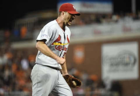 Oct 16, 2014; San Francisco, CA, USA; St. Louis Cardinals starting pitcher Adam Wainwright (50) celebrates after the final out against the San Francisco Giants in the seventh inning of game five of the 2014 NLCS playoff at AT&T Park. Mandatory Credit: Kyle Terada-USA TODAY Sports