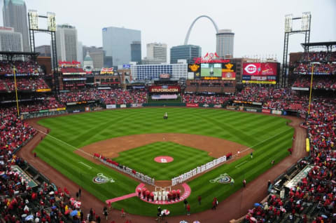 Apr 7, 2014; St. Louis, MO, USA; A general view of Busch Stadium on Opening Day between the St. Louis Cardinals and the Cincinnati Reds. Mandatory Credit: Jeff Curry-USA TODAY Sports