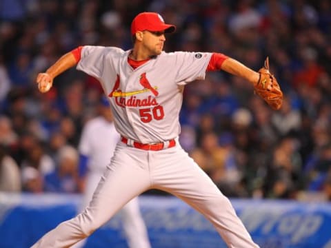 Apr 5, 2015; Chicago, IL, USA; St. Louis Cardinals starting pitcher Adam Wainwright (50) delivers a pitch during the first inning against the Chicago Cubs at Wrigley Field. Mandatory Credit: Dennis Wierzbicki-USA TODAY Sports