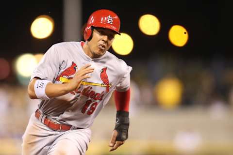 May 8, 2015; Pittsburgh, PA, USA; St. Louis Cardinals pinch hitter Jon Jay (19) runs the bases against the Pittsburgh Pirates during the seventh inning at PNC Park. Mandatory Credit: Charles LeClaire-USA TODAY Sports