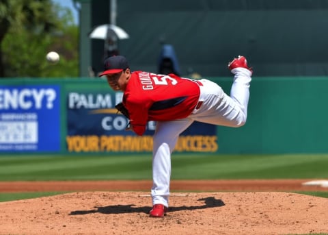 Mar 29, 2015; Jupiter, FL, USA; St. Louis Cardinals starting pitcher Marco Gonzales (56) throws against the New York Mets during their game at Roger Dean Stadium. Mandatory Credit: Steve Mitchell-USA TODAY Sports