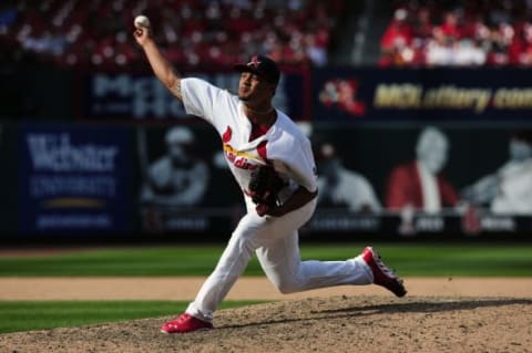 May 3, 2015; St. Louis, MO, USA; St. Louis Cardinals relief pitcher Sam Tuivailala (64) throws to a Pittsburgh Pirates batter during the twelfth inning at Busch Stadium. The Cardinals defeated the Pirates 3-2 in 14 innings Mandatory Credit: Jeff Curry-USA TODAY Sports