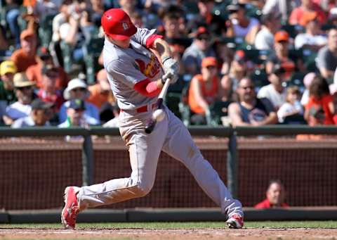 Aug 29, 2015; San Francisco, CA, USA; St. Louis Cardinals right fielder Stephan Piscotty (55) hits a triple in the ninth inning against the in the San Francisco Giants at AT&T Park. Mandatory Credit: Lance Iversen-USA TODAY Sports. Cardinals won 6-0