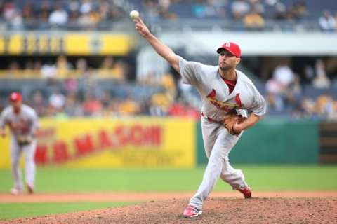 Sep 30, 2015; Pittsburgh, PA, USA; St. Louis Cardinals pitcher Adam Wainwright (50) pitches against the Pittsburgh Pirates during the eighth inning at PNC Park. The Pirates won 8-2. Mandatory Credit: Charles LeClaire-USA TODAY Sports