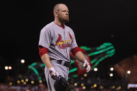 Aug 28, 2015; San Francisco, CA, USA; St. Louis Cardinals left fielder Brandon Moss (21) walks off the field after hitting into a double play in the ninth inning to retire the side during their MLB baseball game with the San Francisco Giants at AT&T Park. Mandatory Credit: Lance Iversen-USA TODAY Sports. Giants won 5-4