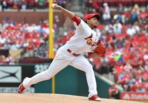 Sep 9, 2015; St. Louis, MO, USA; St. Louis Cardinals starting pitcher Carlos Martinez (18) pitches against the Chicago Cubs at Busch Stadium. Mandatory Credit: Jasen Vinlove-USA TODAY Sports