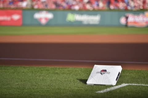 Oct 10, 2015; St. Louis, MO, USA; A postseason base on the field before game two of the NLDS between the St. Louis Cardinals and the Chicago Cubs at Busch Stadium. Mandatory Credit: Jasen Vinlove-USA TODAY Sports