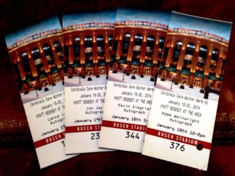 Dec 5, 2015; Brentwood, MO, USA; St Louis Cardinals Care charity signature tickets. Mandatory Credit: Paul Layton