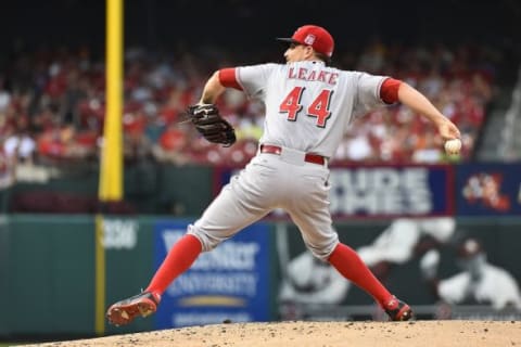 Jul 28, 2015; St. Louis, MO, USA; Cincinnati Reds starting pitcher Mike Leake (44) pitches against the St. Louis Cardinals in the first inning at Busch Stadium. Mandatory Credit: Jasen Vinlove-USA TODAY Sports