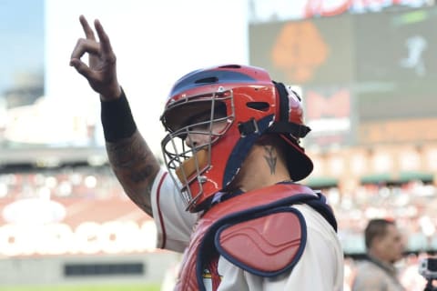 Oct 10, 2015; St. Louis, MO, USA; St. Louis Cardinals catcher Yadier Molina (4) waves to the crowd before game two of the NLDS against the Chicago Cubs at Busch Stadium. Mandatory Credit: Jeff Curry-USA TODAY Sports