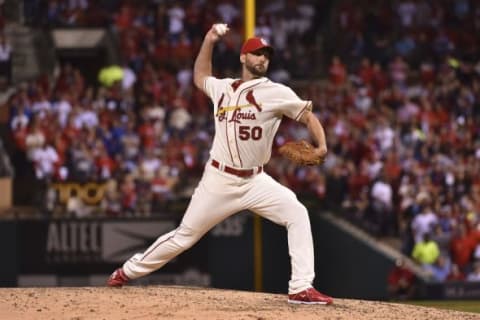 Oct 10, 2015; St. Louis, MO, USA; St. Louis Cardinals pitcher Adam Wainwright (50) delivers a pitch during the seventh inning in game two of the NLDS against the Chicago Cubs at Busch Stadium. Mandatory Credit: Jasen Vinlove-USA TODAY Sports