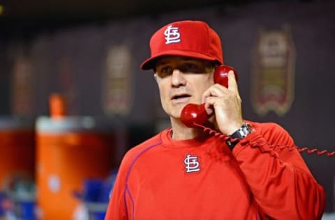 No, this is not Seung-Hwan Oh. It is actually Cardinals Bench Coach David Bell Mandatory Credit: Jeff Curry-USA TODAY Sports