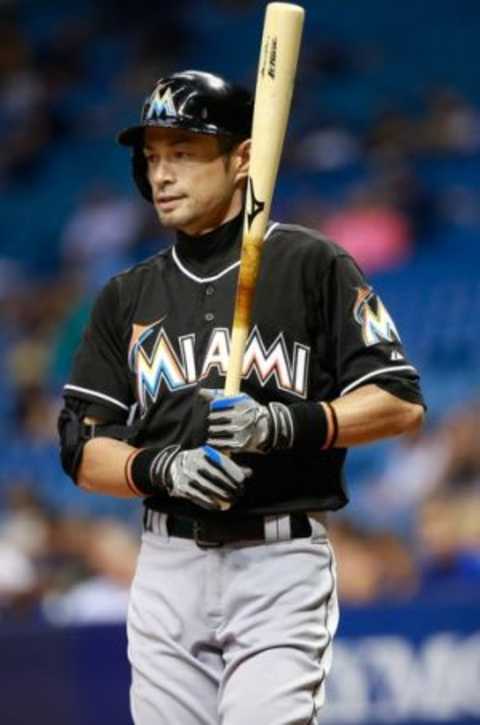 Sep 29, 2015; St. Petersburg, FL, USA; Miami Marlins right fielder Ichiro Suzuki (51) at bat against the Tampa Bay Rays at Tropicana Field. Mandatory Credit: Kim Klement-USA TODAY Sports