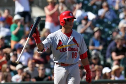 Aug 30, 2015; San Francisco, CA, USA; St. Louis Cardinals second baseman Kolten Wong (16) tosses his bat after striking out in the ninth inning of their MLB baseball game with the San Francisco Giants at AT&T Park. Mandatory Credit: Lance Iversen-USA TODAY Sports