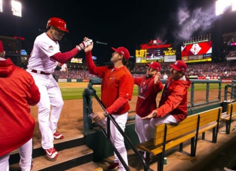 Oct 9, 2015; St. Louis, MO, USA; St. Louis Cardinals pinch hitter Tommy Pham (60) is congratulated by manager Mike Matheny (22) after hitting a solo home run against the Chicago Cubs in game one of the NLDS at Busch Stadium. Mandatory Credit: Scott Rovak-USA TODAY Sports