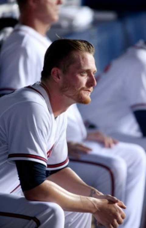 Sep 16, 2015; Atlanta, GA, USA; Atlanta Braves starting pitcher Shelby Miller (17) reacts in the dugout after getting pulled from the game in the fourth inning of their game against the Toronto Blue Jays at Turner Field. Mandatory Credit: Jason Getz-USA TODAY Sports