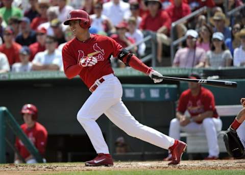 Mar 21, 2014; Jupiter, FL, USA; St. Louis Cardinals second baseman Aledmys Diaz (95) connects for a base hit against the Washington Nationals during a game at Roger Dean Stadium. Mandatory Credit: Steve Mitchell-USA TODAY Sports