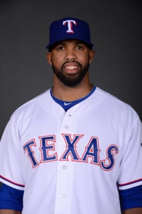 Mar 2, 2015; Surprise, AZ, USA; Texas Rangers right fielder Carlos Peguero (43) poses for a portrait during Photo Day at Surprise Stadium. Mandatory Credit: Joe Camporeale-USA TODAY Sports