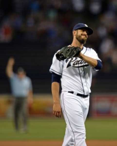 Sep 4, 2015; San Diego, CA, USA; San Diego Padres starting pitcher James Shields (33) reacts after giving up a solo home run to Los Angeles Dodgers left fielder Carl Crawford (not pictured) during the first inning at Petco Park. Mandatory Credit: Jake Roth-USA TODAY Sports