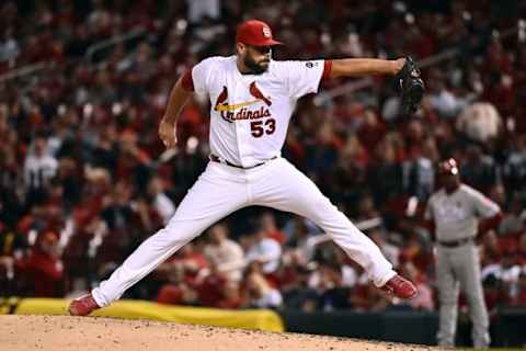 Apr 29, 2015; St. Louis, MO, USA; St. Louis Cardinals relief pitcher Jordan Walden (53) pitches against the Philadelphia Phillies in the eight inning at Busch Stadium. Mandatory Credit: Jasen Vinlove-USA TODAY Sports