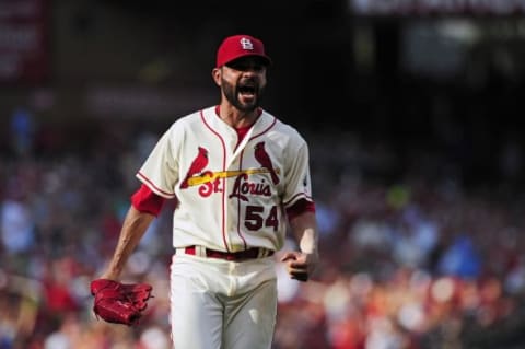 Sep 5, 2015; St. Louis, MO, USA; St. Louis Cardinals starting pitcher Jaime Garcia (54) celebrates getting Pittsburgh Pirates second baseman Josh Harrison (not pictured) to ground into a force out to end the seventh inning at Busch Stadium. Mandatory Credit: Jeff Curry-USA TODAY Sports