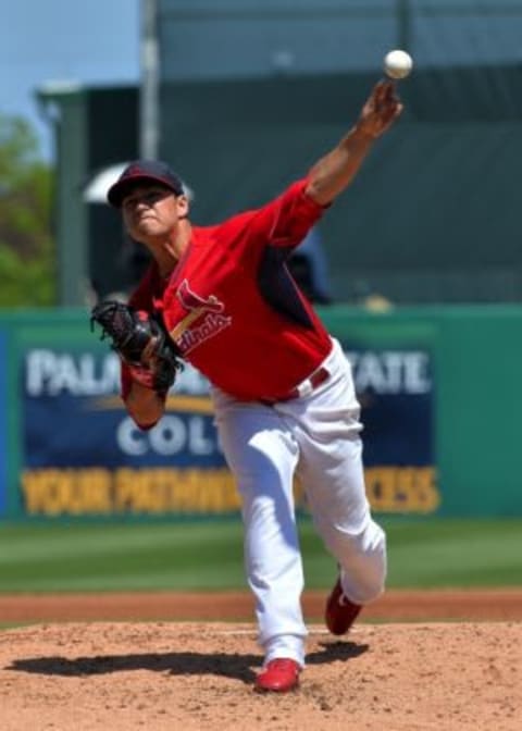 Mar 29, 2015; Jupiter, FL, USA; St. Louis Cardinals starting pitcher Marco Gonzales (56) throws against the New York Mets during their game at Roger Dean Stadium. Mandatory Credit: Steve Mitchell-USA TODAY Sports