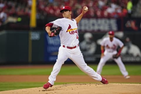 Sep 1, 2015; St. Louis, MO, USA; St. Louis Cardinals starting pitcher Marco Gonzales (56) throws to a Washington Nationals batter during the first inning at Busch Stadium. Mandatory Credit: Jeff Curry-USA TODAY Sports