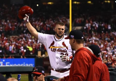 Oct 12, 2014; St. Louis, MO, USA; St. Louis Cardinals first baseman Matt Adams (32) comes out to take a curtain call against the San Francisco Giants during the 8th inning in game two of the 2014 NLCS playoff baseball game at Busch Stadium. Mandatory Credit: Jasen Vinlove-USA TODAY Sports