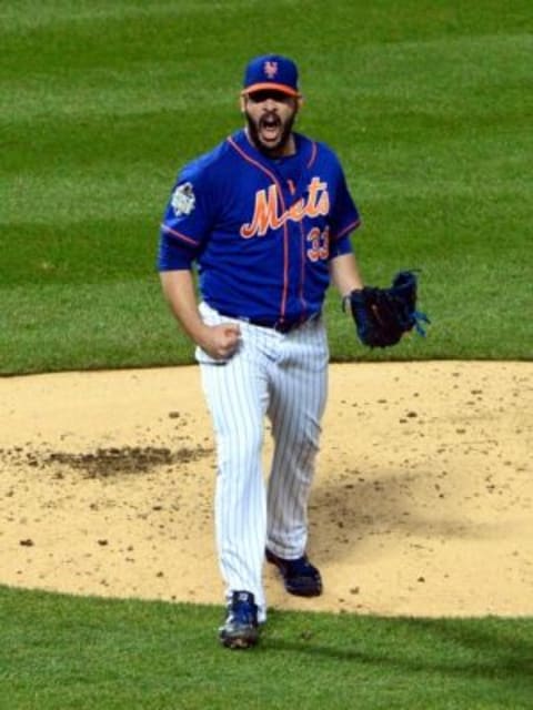 Nov 1, 2015; New York City, NY, USA; New York Mets starting pitcher Matt Harvey reacts after striking out the side in the fourth inning in game five of the World Series against the Kansas City Royals at Citi Field. Mandatory Credit: Jeff Curry-USA TODAY Sports