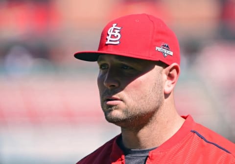 Oct 8, 2015; St. Louis, MO, USA; St. Louis Cardinals left fielder Matt Holliday (7) looks on during NLDS workout day prior to game one of the NLDS against the Chicago Cubs at Busch Stadium. Mandatory Credit: Jeff Curry-USA TODAY Sports