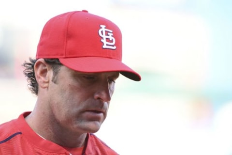 Oct 10, 2015; St. Louis, MO, USA; St. Louis Cardinals manager Mike Matheny (26) during the second inning in game two of the NLDS against the Chicago Cubs at Busch Stadium. Mandatory Credit: Jeff Curry-USA TODAY Sports