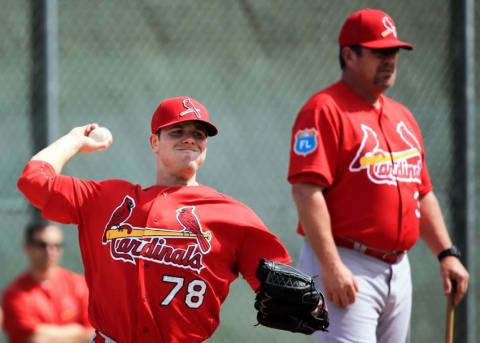 Feb 18, 2016; Jupiter, FL, USA; St. Louis Cardinals pitcher Trey Nielsen (78) throws during pitching drills at Roger Dean Stadium. Mandatory Credit: Steve Mitchell-USA TODAY Sports