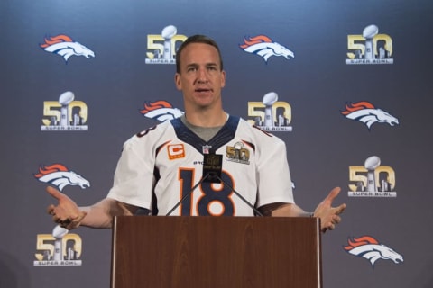 February 4, 2016; Santa Clara, CA, USA; Denver Broncos quarterback Peyton Manning (18) addresses the media during a press conference prior to Super Bowl 50 at Santa Clara Marriott. Mandatory Credit: Kyle Terada-USA TODAY Sports