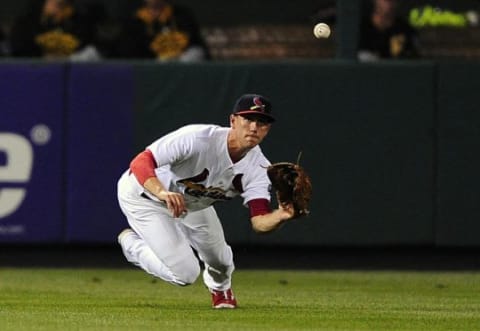 Sep 6, 2015; St. Louis, MO, USA; St. Louis Cardinals left fielder Stephen Piscotty (55) dives and catches a line drive hit by Pittsburgh Pirates second baseman Neil Walker (not pictured) during the eighth inning at Busch Stadium. Mandatory Credit: Jeff Curry-USA TODAY Sports