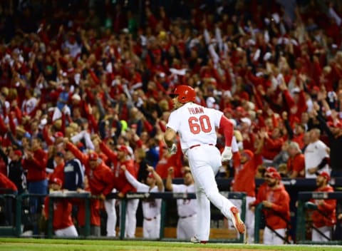 Oct 9, 2015; St. Louis, MO, USA; St. Louis Cardinals pinch hitter Thomas Pham (60) runs the bases after hitting a homer during the eighth inning of game one of the NLDS against the Chicago Cubs at Busch Stadium. Mandatory Credit: Jeff Curry-USA TODAY Sports