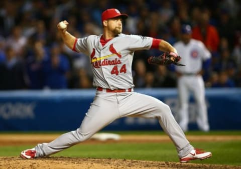 October 13, 2015; Chicago, IL, USA; St. Louis Cardinals relief pitcher Trevor Rosenthal (44) pitches the eighth inning against Chicago Cubs in game four of the NLDS at Wrigley Field. Mandatory Credit: Jerry Lai-USA TODAY Sports