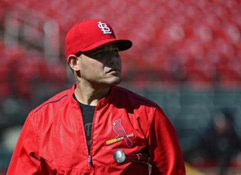 Oct 8, 2015; St. Louis, MO, USA; St. Louis Cardinals catcher Yadier Molina (4) looks on during NLDS workout day prior to game one of the NLDS against the Chicago Cubs at Busch Stadium. Mandatory Credit: Jeff Curry-USA TODAY Sports