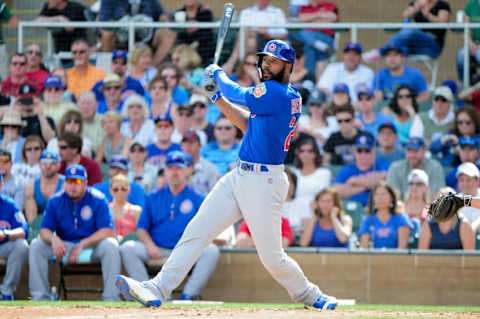 Mar 6, 2016; Salt River Pima-Maricopa, AZ, USA; Chicago Cubs right fielder Jason Heywar (22) flies out in the third inning against the Arizona Diamondbacks at Salt River Fields at Talking Stick. Mandatory Credit: Matt Kartozian-USA TODAY Sports