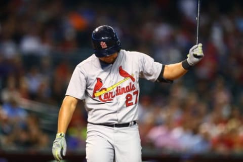 Aug 27, 2015; Phoenix, AZ, USA; St. Louis Cardinals shortstop Jhonny Peralta reacts against the Arizona Diamondbacks at Chase Field. Mandatory Credit: Mark J. Rebilas-USA TODAY Sports