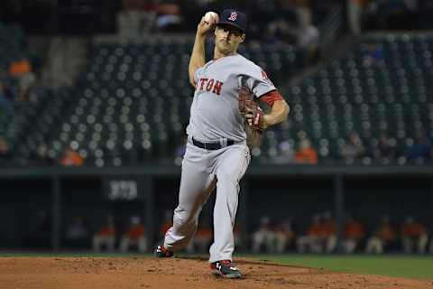 Sep 15, 2015; Baltimore, MD, USA; Boston Red Sox starting pitcher Joe Kelly (56) pitches during the first inning against the Baltimore Orioles at Oriole Park at Camden Yards. Mandatory Credit: Tommy Gilligan-USA TODAY Sports