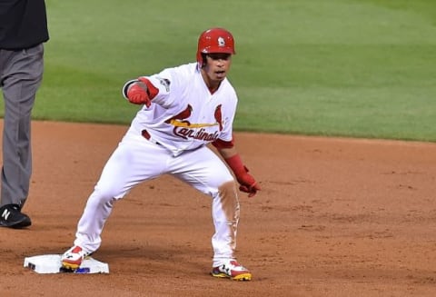 Oct 9, 2015; St. Louis, MO, USA; St. Louis Cardinals second baseman Kolten Wong (16) celebrates after hitting a double in game one of the NLDS against the Chicago Cubs at Busch Stadium. Mandatory Credit: Jasen Vinlove-USA TODAY Sports