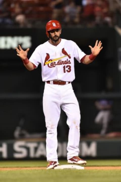 Jul 30, 2015; St. Louis, MO, USA; St. Louis Cardinals third baseman Matt Carpenter (13) reacts after hitting a double against the Colorado Rockies at Busch Stadium. Mandatory Credit: Jasen Vinlove-USA TODAY Sports