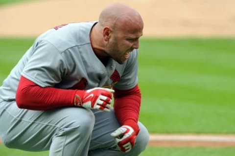 May 13, 2015; Cleveland, OH, USA; St. Louis Cardinals left fielder Matt Holliday (7) reacts after being hit by a pitch during the first inning against the Cleveland Indians at Progressive Field. Mandatory Credit: Ken Blaze-USA TODAY Sports