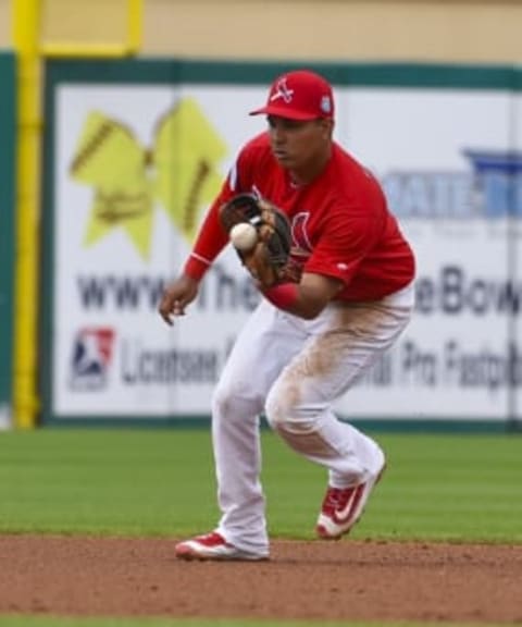 Mar 20, 2016; Jupiter, FL, USA; St. Louis Cardinals shortstop Ruben Tejada (19) makes a play against the Miami Marlins during the game at Roger Dean Stadium. The Marlins defeated the Cardinals 5-2. Mandatory Credit: Scott Rovak-USA TODAY Sports