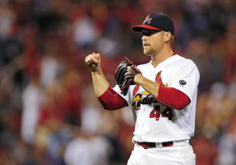 Jun 28, 2015; St. Louis, MO, USA; St. Louis Cardinals relief pitcher Trevor Rosenthal (44) celebrates after closing out the ninth inning against the Chicago Cubs at Busch Stadium. The Cardinals defeated the Cubs 4-1. Mandatory Credit: Jeff Curry-USA TODAY Sports