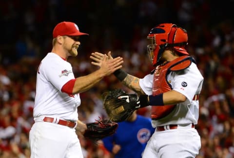 Oct 9, 2015; St. Louis, MO, USA; St. Louis Cardinals relief pitcher Trevor Rosenthal (44) celebrates after defeating the Chicago Cubs 4-0 in game one of the NLDS against the Chicago Cubs at Busch Stadium. Mandatory Credit: Jeff Curry-USA TODAY Sports