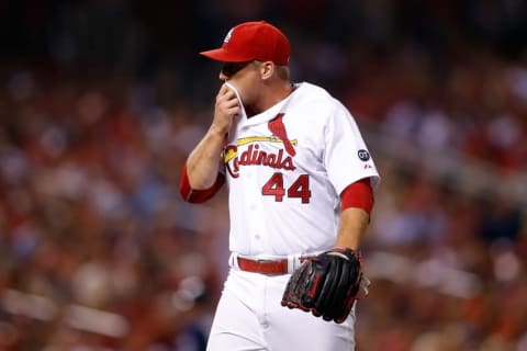 Jul 3, 2015; St. Louis, MO, USA; St. Louis Cardinals relief pitcher Trevor Rosenthal (44) after giving up a run during the ninth inning of a baseball game against the San Diego Padres at Busch Stadium. Mandatory Credit: Scott Kane-USA TODAY Sports