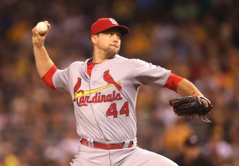 Jul 11, 2015; Pittsburgh, PA, USA; St. Louis Cardinals relief pitcher Trevor Rosenthal (44) pitches against the Pittsburgh Pirates during the tenth inning at PNC Park. Mandatory Credit: Charles LeClaire-USA TODAY Sports